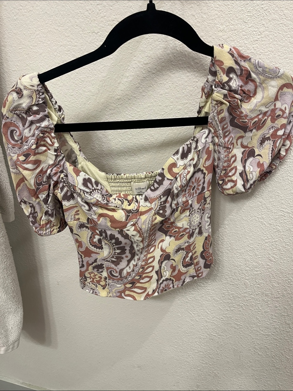 Aritzia Paisley Puff Sleeve Off-Shoulder Crop Top in Cream, Brown, Mauve